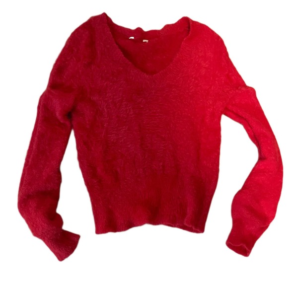 Y2K Soft Red Cropped V-Neck Mohair Pullover Sweater Size Medium - Picture 2 of 6